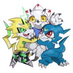  1:1 anthro bandai_namco bandanna blue_body butt chibi digimon digimon_(species) embrace gammamon group hi_res horn hug kerchief male monodie pulsemon veemon white_body yellow_body 