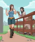  2017 anthro biped black_hair bovid bovine brown_eyes brown_hair cattle clothed clothing detailed_background digital_media_(artwork) duo farm female gesture hair hi_res hooves horn human human_to_anthro leaning_on_object lunate mammal milk smile species_transformation standing story story_in_description teats transformation udders waving white_horn 