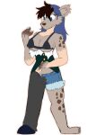  2021 alpha_channel anthro bikini bikini_top blue_bottomwear blue_clothing blue_eyes blue_hair bottomwear breasts brown_spots clothing cutoffs denim denim_clothing detectivecoon ear_tuft elza_(interspecies_reviewers) female footwear fur fur_tuft hair hi_res human human_to_anthro hyaenid interspecies_reviewers mammal mid_transformation nipple_outline pants shorts solo species_transformation spots spotted_body spotted_fur swimwear tan_body tan_skin torn_clothing transformation tuft 