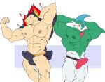  abs anthro clothed clothing duo erection erection_under_clothing fire flexing gallade green_body hi_res humanoid maldu male muscular muscular_anthro muscular_humanoid muscular_male nintendo nipples pecs pok&eacute;mon pok&eacute;mon_(species) thong typhlosion underwear video_games 