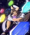  anthro brown_body brown_fur canid canine canis crystal domestic_dog flag fur hi_res jewelry lifewonders live-a-hero male mammal necklace pubraseer purple_eyes sailor_hat sailor_uniform shi_ba_ki_chi sky solo space star starry_sky video_games 