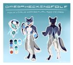  2019 anthro athletic athletic_anthro athletic_male blue_blood blue_body bodily_fluids border canid canine canis collar english_text fox hair honkachu hybrid looking_at_viewer male mammal model_sheet omegaheckingfolf solo text unusual_bodily_fluids white_border wolf 