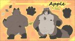  2021 absurd_res anthro apple_(zestibone) balls belly brown_body brown_fur butt english_text fur genitals hi_res humanoid_hands leaf male mammal model_sheet moobs nipples overweight overweight_male procyonid raccoon solo text zestibone 