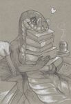  &lt;3 anthro apode book cadmiumtea container cup draconcopode drawing eyewear eyewear_only female genitals glasses glasses_only hi_res holding_object legless monochrome naga nude pillow pussy reptile scalie sepia serpentine snake solo stack steam traditional_media_(artwork) 