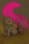  ambiguous_gender feral fluffy fluffy_tail fur grass green_body green_fur pink_body pink_eyes pink_fur plant quadruped solo syvaron 