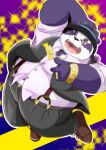  2021 alp_(tas) anthro black_nose blush bottomwear clothing cute_fangs fur giant_panda hat headgear headwear hi_res humanoid_hands kemono lifewonders male mammal nazebesu_hobby one_eye_closed overweight overweight_male pants purple_body purple_fur shirt solo suspenders tokyo_afterschool_summoners topwear ursid video_games wink 