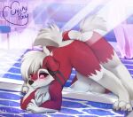  2021 4_toes 5_fingers anthro anus ass_up black_body black_fur black_nose blush breasts butt chest_tuft claws detailed_background eyelashes facial_tuft feet female fingers fur genitals hair head_on_hand hi_res inside jack-o&#039;_pose looking_back lycanroc midnight_lycanroc mirror multicolored_body multicolored_fur nintendo nude pok&eacute;mon pok&eacute;mon_(species) pose pussy raised_tail red_body red_eyes red_fur red_sclera reflection shoulder_tuft signature solo sparkles toe_claws toes tuft unluckypaw video_games white_body white_fur white_hair 