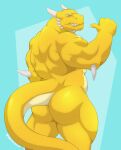  anthro back_muscles big_butt blue_background blue_eyes butt draganta dragon hi_res horn male muscular muscular_anthro muscular_male nude scalie simple_background solo teeth tylerstark yellow_body 