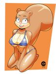  absurd_res anthro big_breasts bikini breasts buckteeth cleavage clothed clothing dark_templar_(artist) female hi_res huge_breasts kneeling looking_at_viewer mammal nickelodeon nipple_outline open_mouth open_smile rodent sandy_cheeks sciurid simple_background smile solo spongebob_squarepants swimwear teeth tree_squirrel 