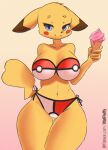  absurd_res anthro anthrofied big_breasts bikini bikini_bottom bikini_top blue_eyes breasts butt_from_the_front camel_toe clothing ears_down female food fur hand_behind_back hi_res holding_food holding_ice_cream_cone holding_object ice_cream_cone looking_at_viewer navel nintendo pikachu pivoted_ears pok&eacute;ball pok&eacute;ball_clothing pok&eacute;mon pok&eacute;mon_(species) pok&eacute;morph solo swimwear thick_thighs thigh_gap v-tal video_games yellow_body yellow_fur 