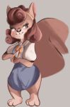  2021 anthro blue_eyes brown_body brown_fur brown_hair buckteeth clothed clothing female fully_clothed fur grey_background hair hi_res light lighting mammal rodent sciurid shaded simple_background smile solo standing teeth tohupo tree_squirrel 