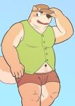  2015 anthro biped blue_background blush brown_body bulge canid canine canis clothing cute_fangs domestic_dog hat headgear headwear humanoid_hands kemono kick_(artist) male mammal overweight overweight_male shirt simple_background solo topwear underwear 