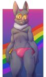  2021 anthro artbyyellowdog bikini_thong blush bulge chiropteran clothing digital_media_(artwork) eyewear fur glasses grey_body grey_fur hi_res lgbt_pride male mammal nervous_smile pride_color_background pride_colors rainbow rainbow_flag rainbow_pride_flag rainbow_symbol sean-zee_petit shaded simple_background six-stripe_rainbow_pride_colors solo swimwear yellow_eyes 