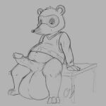  1:1 animal_crossing anthro balls belly big_balls bottomless canid canine clothed clothing erection furniture genitals goatboner_(artist) huge_balls humanoid_genitalia humanoid_penis looking_at_genitalia male mammal monochrome nintendo partially_clothed penis potbelly raccoon_dog signature sketch slightly_chubby solo table tanuki tom_nook_(animal_crossing) video_games 