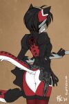  2021 anthro ara_(fluff-kevlar) black_body black_clothing black_fur black_hair bottomwear butt clothed clothing conditional_dnp digital_media_(artwork) domestic_cat felid feline felis female fluff-kevlar fur hair leggings legwear mammal nier_automata no_underwear red_body red_fur simple_background skirt solo tan_background white_body white_fur yorha_2b 