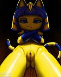  4:5 animal_crossing ankha_(animal_crossing) anthro anus crossed_arms domestic_cat felid feline felis female frown genitals hi_res looking_at_viewer low-angle_view mammal mightycock_(artist) nintendo pussy simple_background solo video_games 
