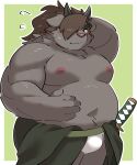  2021 absurd_res anthro asian_clothing belly black_body blush catoblepas_(tas) clothing east_asian_clothing fundoshi hi_res horn humanoid_hands japanese_clothing kemono lifewonders male mammal moobs navel nipples overweight overweight_male ptcmtr simple_background solo tokyo_afterschool_summoners underwear video_games weapon white_clothing white_fundoshi white_underwear 