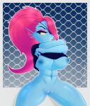  abs anthro big_breasts breasts clothed clothing clothing_lift eye_patch eyewear female fish frown genitals hair hi_res huge_breasts marine muscular muscular_female one_eye_obstructed ponytail pussy red_hair shirt shirt_lift sirredbenjamin solo topwear undertale undertale_(series) undressing undyne video_games 