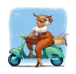  absurd_res anthro basket big_breasts bovid bovine breasts cattle cleavage clothed clothing container digital_media_(artwork) female flower hair hair_over_eyes hi_res highland_cattle holivi hooves horn long_horn mammal mom_jeans moped plant scooter solo thick_thighs vehicle 