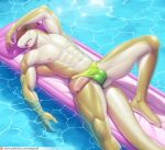  2021 abs air_mattress anthro balls bulge clothed clothing covering covering_eyes covering_face fish genitals gills male marine multicolored_body muscular muscular_anthro muscular_male muscular_thighs nipples patreon patreon_logo penis poking_out pool_toy shark sigma_x solo speedo swimming_pool swimwear tan_body teeth text topless topless_male url water white_body 