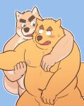  2015 anthro belly blue_body blush bodily_fluids brown_body canid canine canis domestic_dog duo embrace hug hugging_from_behind humanoid_hands kemono kick_(artist) male male/male mammal moobs navel nipples overweight overweight_male sweat 