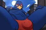  2021 anthro avian balls bird blue_body bulge city clothing falco_lombardi genital_outline genitals hi_res low-angle_view macro male nintendo rygel_spkb sitting solo speedo spread_legs spreading star_fox swimwear video_games worship 