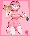  absurd_res amy_rose anthro apron apron_only big_breasts breasts cleavage clothed clothing dark_templar_(artist) eulipotyphlan female food hedgehog hi_res huge_breasts kneeling legwear looking_at_viewer mammal mostly_nude open_mouth open_smile pancake sega simple_background smile solo sonic_the_hedgehog_(series) spatula thigh_highs tools 