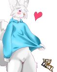  absurd_res anthro arctic_fox big_ears bottomless canid canine clothed clothing female fluffy fluffy_tail fox fur genitals hi_res mammal presenting presenting_pussy pussy raised_clothing raised_shirt raised_topwear shirt skye_(thehonestrival) solo thehonestrival topwear white_body white_fur 