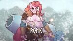  16:9 4_fingers anthro anthrofied armor breasts clothed clothing cocaine_(artist) crossover cutie_mark earth_pony equid equine european_mythology female fingers friendship_is_magic hair hammer hasbro hi_res horse long_hair looking_at_viewer mammal mountain my_little_pony mythology norse_mythology overweight overweight_anthro overweight_female parody party_cannon pink_body pink_hair pinkie_pie_(mlp) pony scar snow solo standing tools weapon widescreen 