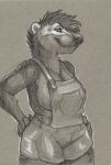  anthro badger big_breasts breasts cadmiumtea clothing fangs female hand_on_hip hi_res looking_at_viewer mammal monochrome mustelid musteline overalls overalls_only portrait sepia side_boob simple_background smile solo three-quarter_portrait traditional_media_(artwork) 