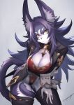  absurd_res anthro big_breasts biped breasts clothed clothing felid female hair hi_res inner_ear_fluff looking_at_viewer mammal purple_hair purple_tail sakayagi simple_background solo tail_around_leg tuft yellow_eyes 