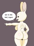  3:4 absurd_res anthro beastars bedroom_eyes big_butt bloodred739 breasts brown_eyes buckteeth butt dialogue english_text female fur haru_(beastars) hi_res lagomorph leporid looking_at_viewer looking_back looking_back_at_viewer mammal narrowed_eyes nude open_mouth rabbit rear_view scut_tail seductive short_tail side_boob solo teeth text white_body white_fur wide_hips 