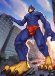  2021 absurd_res anthro avian bird bulge car city clothing destruction falco_lombardi hi_res looming low-angle_view macro male nintendo rampage solo speedo star_fox swimwear vehicle video_games zephyxus 