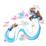  1:1 after_transformation anthro armless blue_body blue_fur blush breasts brown_hair dragonair featureless_breasts female fur hair hi_res legless nintendo pok&eacute;mon pok&eacute;mon_(species) red_eyes solo the-chu video_games white_body white_fur 