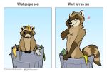  &lt;3 absurd_res anthro banana_peel bent_arm brown_body brown_fur english_text extended_arm feral flirting fur heart_reaction hi_res humor male mammal naughty_face nikraccoom pose procyonid raccoon solo text trash_can 