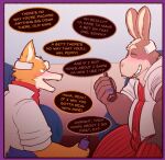  2021 age_difference anthro belly border bottle bottomwear canid canine clothed clothing daxhush dialogue duo english_text eyes_closed fox fox_mccloud fur furniture headgear hi_res holding_bottle holding_object inside jacket lagomorph leporid looking_at_another male mammal mature_anthro mature_male neckerchief nintendo on_sofa open_clothing open_jacket open_mouth open_topwear pants peppy_hare purple_border rabbit shirt sitting smile sofa star_fox text topwear tuft video_games 