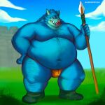  2021 absurd_res anthro belly biped blue_body blue_fur bulge clothing dragon_quest fur hi_res humanoid_hands male mammal moobs navel obese obese_male orc_(dragon_quest) orc_king_(dragon_quest) outside overweight overweight_male shibadoodles solo square_enix suid suina sus_(pig) underwear video_games weapon wild_boar 