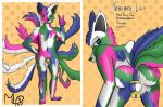  anthro anus asian_mythology balls blue_eyes butt canid canine chastity_cage chastity_device digital_media_(artwork) east_asian_mythology english_text fox fox_spirit fur genitals hair hi_res intersex looking_at_viewer looking_back maleherm mammal maxwell_longtail model_sheet multi_tail multicolored_body multicolored_fur mythology nipples nude penis presenting presenting_anus presenting_hindquarters presenting_pussy pussy reference_image simple_background solo standing submissive tail_mouth tenebris_lux text unusual_anatomy unusual_tail 