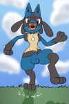  2:3 angry animal_genitalia anthro balls black_markings blue_body blue_fur casual_nudity cloud darkajugin fangs fully_sheathed fur genitals grass hi_res horn looking_at_viewer looking_down lucario male markings nintendo open_mouth outside plant pok&eacute;mon pok&eacute;mon_(species) red_eyes sheath sky solo stomping tan_body tan_fur video_games y_sheath_opening 