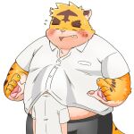  1:1 2021 anthro belly blush bodily_fluids bottomwear clothing cute_fangs duo eyes_closed felid hi_res humanoid_hands kemono male mammal overweight overweight_male pantherine pants pink_nose puss3250 shirt simple_background sweat tiger topwear white_background 