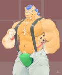  anthro big_bulge biped blue_hair bottomwear bulge clothed clothing felid fur grandall_(artist) green_clothing green_eyes green_underwear hair hand_behind_back looking_at_viewer machairodontine male mammal muscular muscular_anthro muscular_male open_bottomwear open_clothing open_pants pants pecs solo suspenders tusks underwear yellow_body yellow_fur 