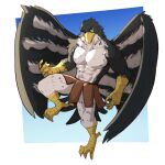  1:1 2021 abs anthro armor avian beak bird bird_feet blue_background border bottomwear clothed clothing faulds feathers gradient_background jrjresq male muscular muscular_anthro muscular_male pecs simple_background skirt solo talons topless topless_male tuft unconvincing_armor white_border wings 