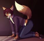  all_fours anthro asher bedroom_eyes brown_pawpads canid canine canis clothing fur hair hi_res inside jackal jacket kneeling light_body light_fur long_hair male mammal narrowed_eyes pawpads paws seductive smile solo tongue tongue_out topwear volp3 