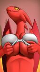  9:16 anthro big_breasts bra breasts bulging_breasts cleavage clothed clothing creatiffy demon digital_media_(artwork) female hi_res horn huge_breasts looking_at_viewer lucia_(satina) red_body red_skin satina_wants_a_glass_of_water simple_background smile solo titty_drop topwear under_boob undersized_clothing underwear wings yellow_eyes yellow_sclera 