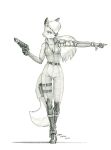  2021 anthro baron_engel belt boots breasts canid canine cleavage clothed clothing cybernetic_arm cybernetic_limb dipstick_ears dipstick_tail ear_piercing ear_ring eyebrows female footwear fox gesture graphite_(artwork) gun hair handgun hi_res holster jumpsuit long_hair mammal markings monochrome multicolored_ears multicolored_tail pencil_(artwork) piercing pointing ranged_weapon samantha_brown solo super_turbo_atomic_ninja_rabbit tail_markings traditional_media_(artwork) weapon 
