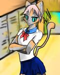  4:5 anthro atena01 blue_eyes blurred_background bottomwear clothed clothing crossed_arms domestic_cat felid feline felis female fully_clothed fur hair hi_res inside locker looking_at_viewer mammal multicolored_body multicolored_fur pink_hair pupils school_uniform shirt skirt slit_pupils smile solo standing topwear uniform 
