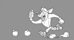  2021 activision anthro apple_(fruit) bandicoot biped bottomwear clothed clothing crash_bandicoot crash_bandicoot_(series) eating eclipsewolf eyes_closed humanoid_hands male mammal marsupial monochrome pants simple_background solo video_games 