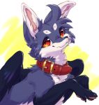  ambiguous_gender black_nose blue_body blue_fur canid canine cheek_tuft chest_tuft claws collar facial_tuft feathered_wings feathers feral finger_claws fox fur gloves_(marking) head_tuft hi_res ingi ingi_(character) inner_ear_fluff kemono mammal markings orange_eyes pawpads pink_pawpads pupils shaded signature simple_background slit_pupils solo tuft white_body white_fur wings yellow_background 