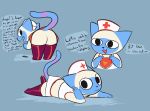  animal_crossing anthro blue_body blue_fur bottomwear clothing domestic_cat english_text felid feline felis fur hat headgear headwear hi_res mammal mitzi_(animal_crossing) mrdegradation nintendo nurse_clothing nurse_hat nurse_headwear nurse_uniform skirt solo text uniform video_games white_body white_fur 