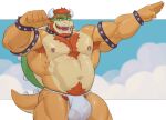  2021 anthro armband armpit_hair asian_clothing barazoku beard belly biceps big_muscles bodily_fluids body_hair bowser bracelet bulge clothing cloudscape collar east_asian_clothing eyebrows facial_hair flexing fundoshi hair happy_trail hi_res horn huge_muscles imato japanese_clothing jewelry koopa looking_at_viewer male mario_bros muscular muscular_anthro muscular_male navel nintendo nipple_piercing nipple_ring nipples non-mammal_nipples obliques open_mouth open_smile pecs piercing pubes scalie shell sky smile solo spiked_armband spiked_bracelet spiked_collar spiked_shell spiked_tail spikes spikes_(anatomy) standing sweat underwear video_games 